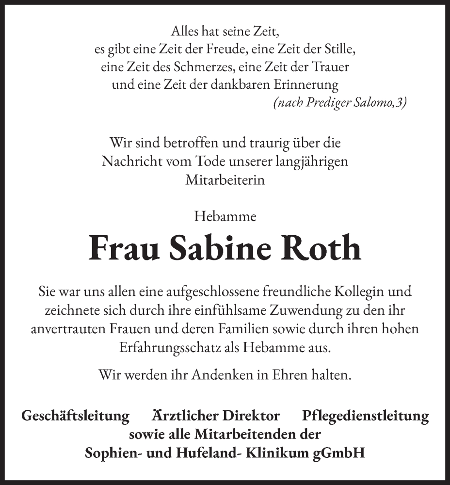  Traueranzeige für Sabine Roth vom 24.01.2026 aus Thüringer Allgemeine