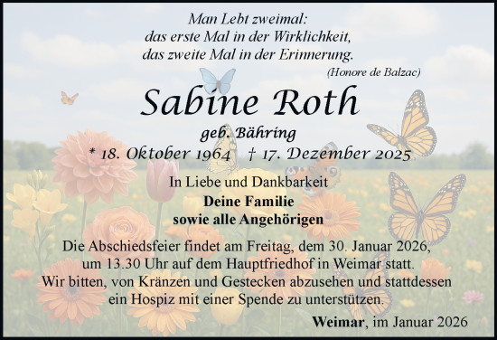 Traueranzeige von Sabine Roth von Thüringer Allgemeine, Thüringische Landeszeitung