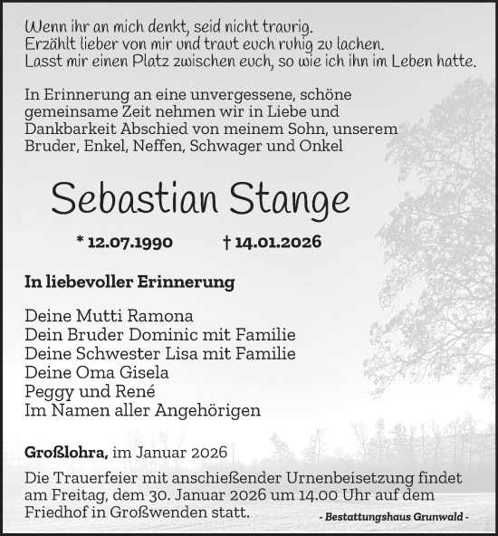 Traueranzeige von Sebastian Stange von Thüringer Allgemeine
