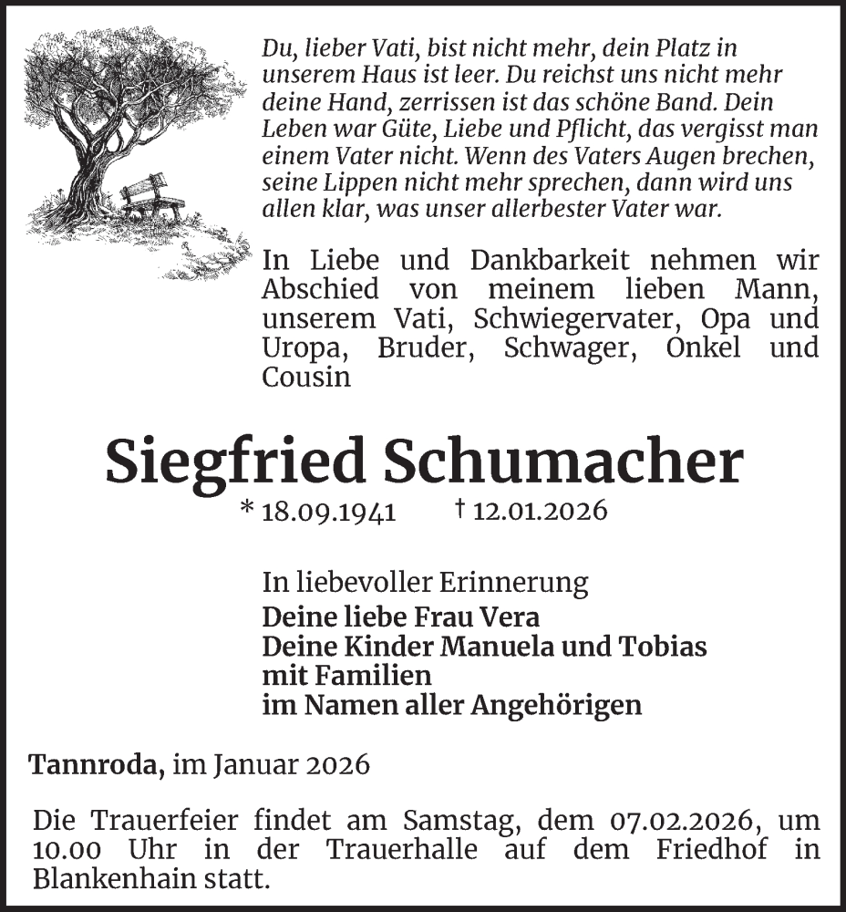  Traueranzeige für Siegfried Schumacher vom 24.01.2026 aus Thüringer Allgemeine, Thüringische Landeszeitung