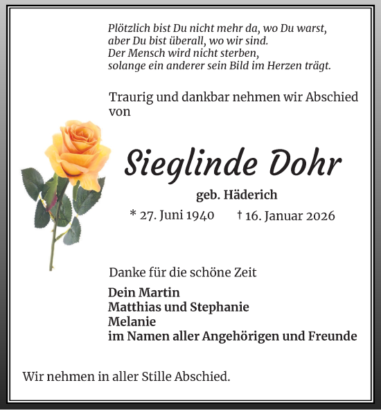 Traueranzeige von Sieglinde Dohr von Ostthüringer Zeitung