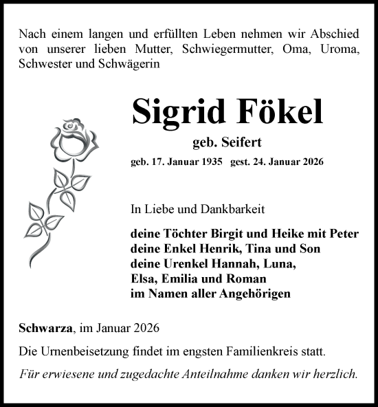 Traueranzeige von Sigrid Fökel von Ostthüringer Zeitung