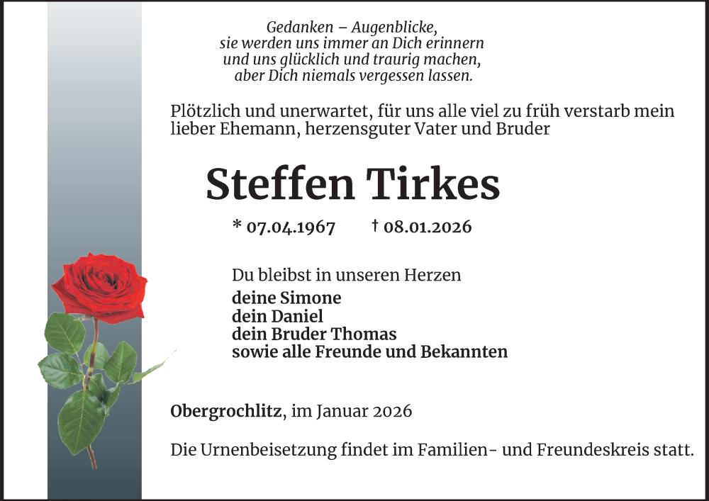  Traueranzeige für Steffen Tirkes vom 16.01.2026 aus Ostthüringer Zeitung
