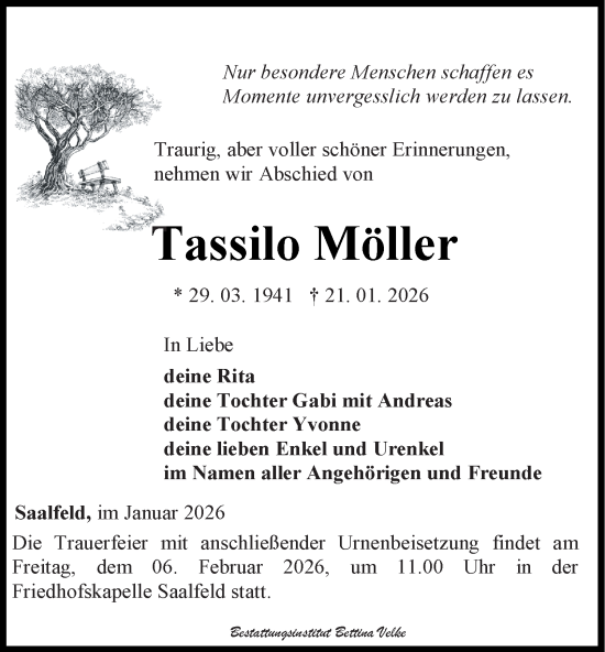 Traueranzeige von Tassilo Möller von Ostthüringer Zeitung
