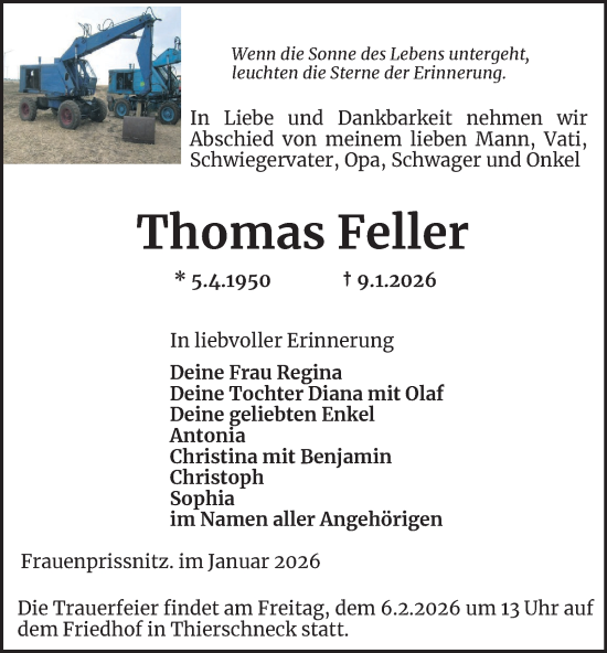 Traueranzeige von Thomas Feller von Ostthüringer Zeitung