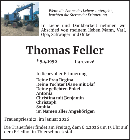Traueranzeige von Thomas Feller von Ostthüringer Zeitung