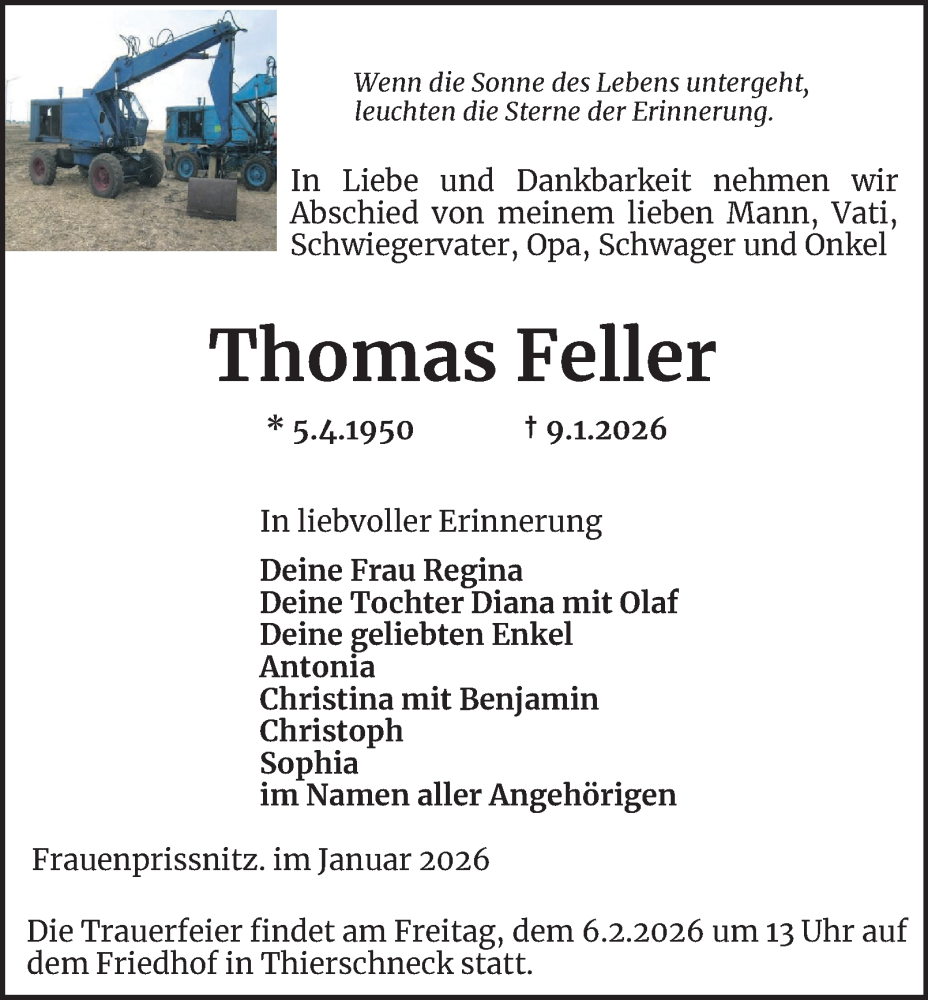  Traueranzeige für Thomas Feller vom 24.01.2026 aus Ostthüringer Zeitung