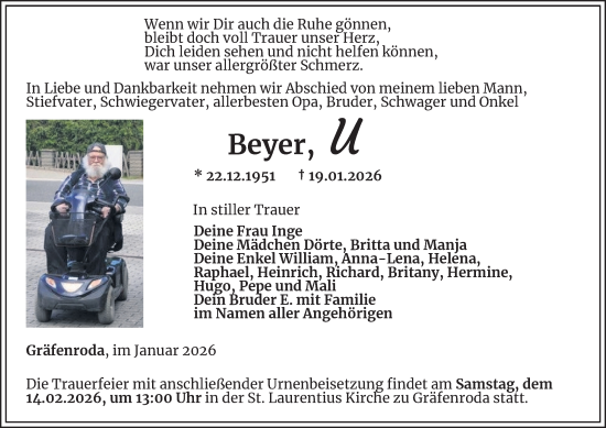 Traueranzeige von U Beyer von Thüringer Allgemeine