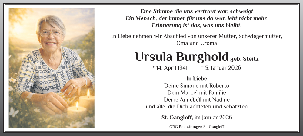  Traueranzeige für Ursula Burghold vom 17.01.2026 aus Ostthüringer Zeitung
