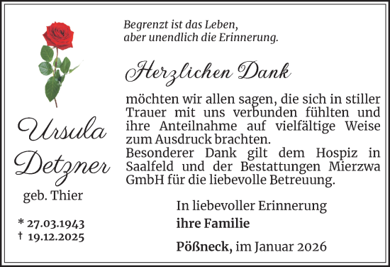 Traueranzeige von Ursula Detzner von Ostthüringer Zeitung