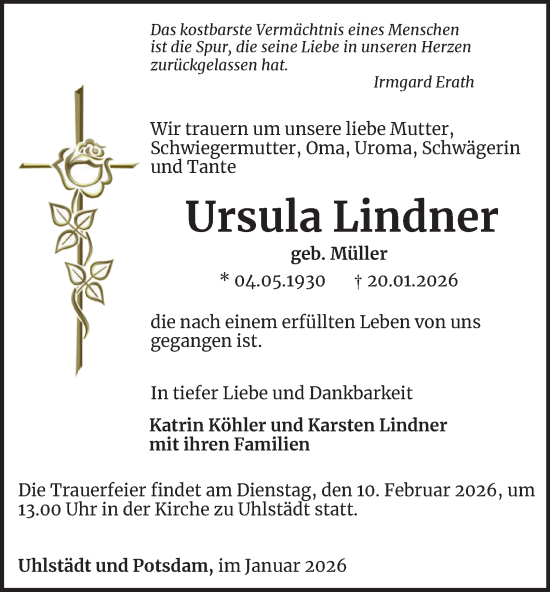 Traueranzeige von Ursula Lindner von Ostthüringer Zeitung