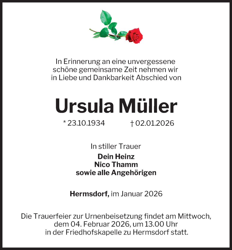  Traueranzeige für Ursula Müller vom 17.01.2026 aus Ostthüringer Zeitung