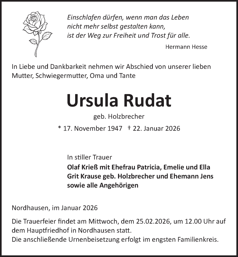  Traueranzeige für Ursula Rudat vom 31.01.2026 aus Thüringer Allgemeine