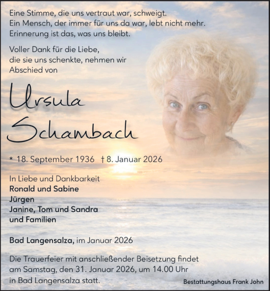 Traueranzeige von Ursula Schambach von Thüringer Allgemeine, Thüringische Landeszeitung