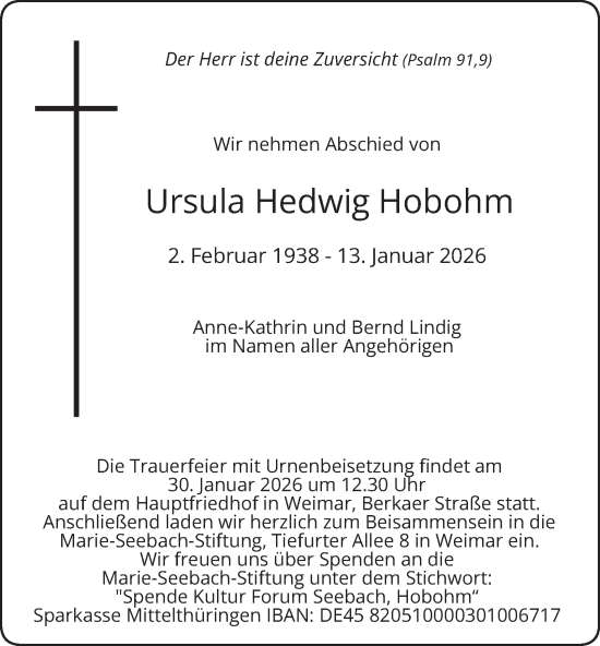 Traueranzeige von Ursula Hedwig Hobohm von Thüringer Allgemeine, Thüringische Landeszeitung