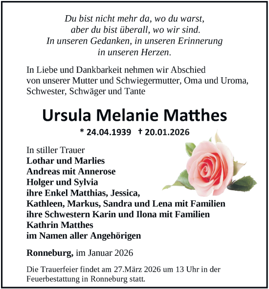 Traueranzeige von Ursula Melanie Matthes von Ostthüringer Zeitung
