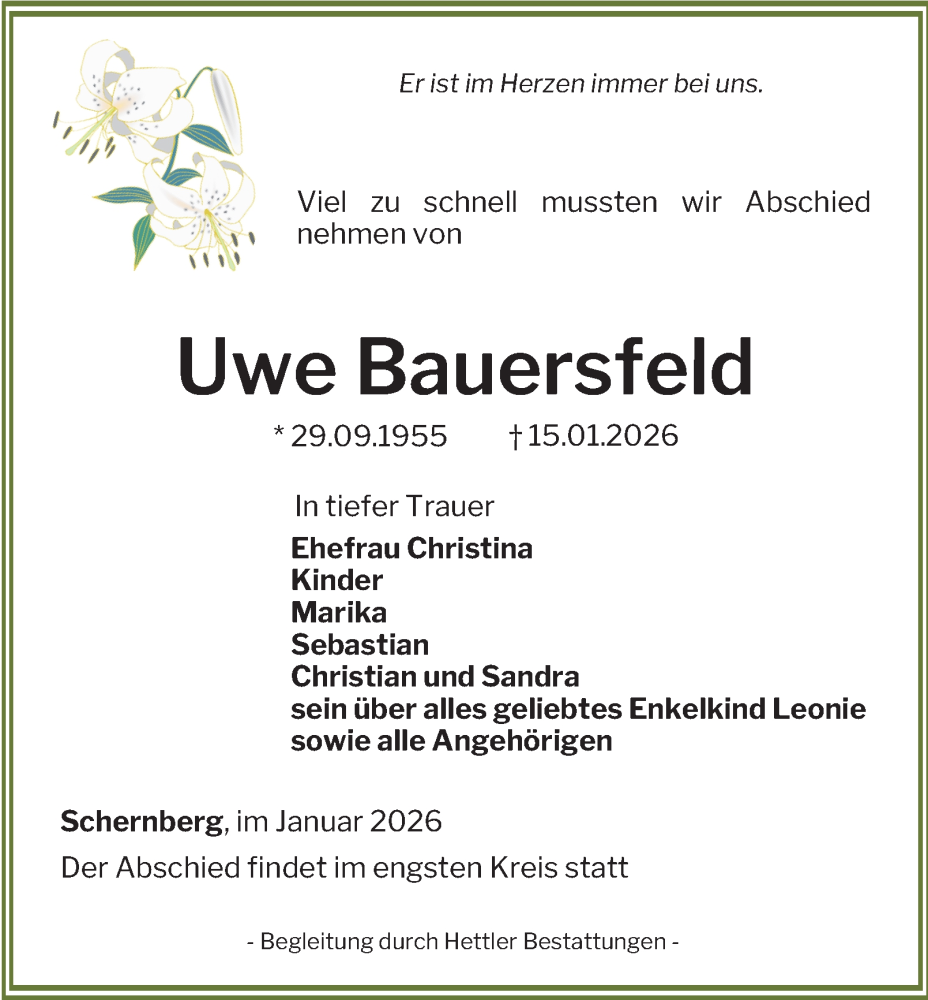  Traueranzeige für Uwe Bauersfeld vom 24.01.2026 aus Thüringer Allgemeine
