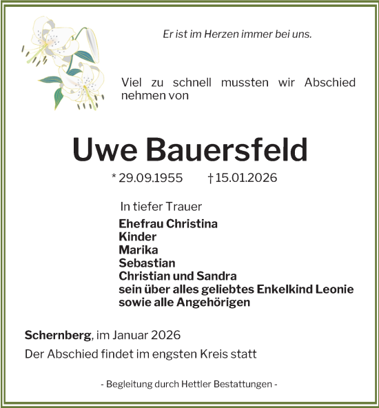 Traueranzeige von Uwe Bauersfeld von Thüringer Allgemeine