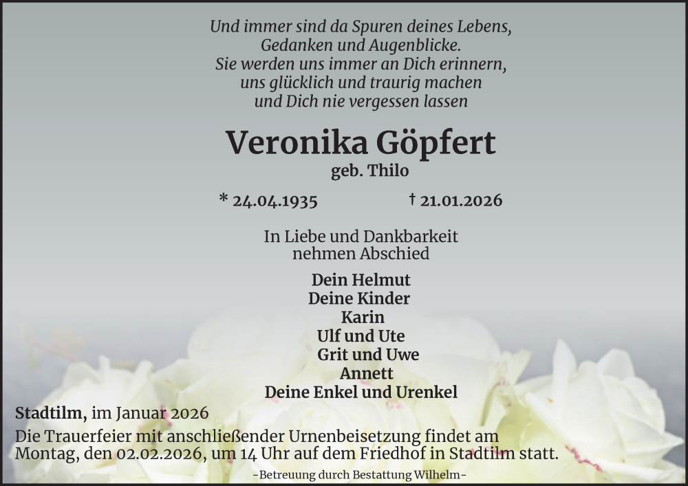  Traueranzeige für Veronika Göpfert vom 24.01.2026 aus Thüringer Allgemeine