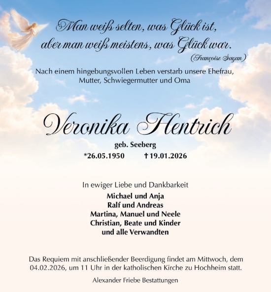 Traueranzeige von Veronika Hentrich von Thüringer Allgemeine, Thüringische Landeszeitung