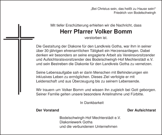Traueranzeige von Volker Bomm von Thüringer Allgemeine, Thüringische Landeszeitung