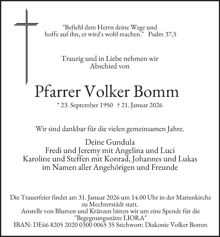 Traueranzeige für Volker Bomm vom 24.01.2026 aus Thüringer Allgemeine, Thüringische Landeszeitung