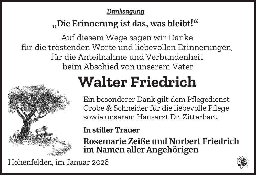  Traueranzeige für Walter Friedrich vom 24.01.2026 aus Thüringer Allgemeine, Thüringische Landeszeitung