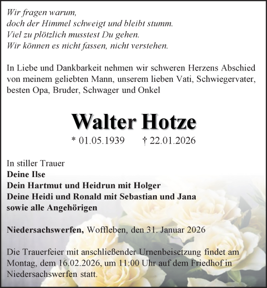 Traueranzeige von Walter Hotze von Thüringer Allgemeine