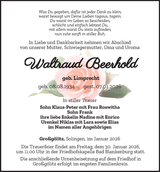 Traueranzeige von Waltraud Beerhold von Ostthüringer Zeitung