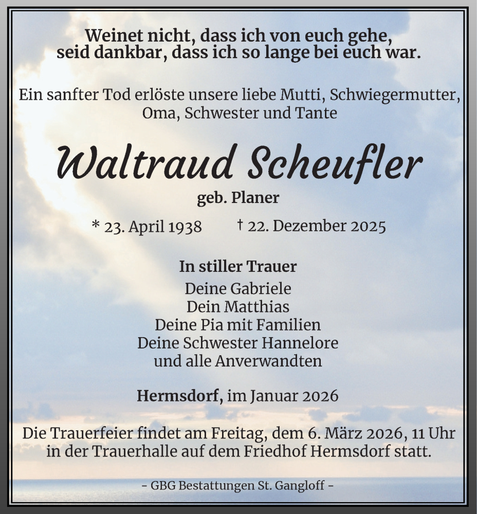  Traueranzeige für Waltraud Scheufler vom 17.01.2026 aus Ostthüringer Zeitung