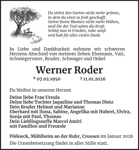 Traueranzeige von Werner Roder von Ostthüringer Zeitung