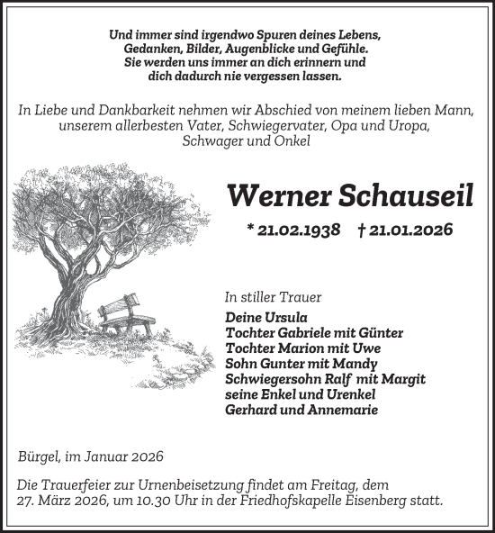 Traueranzeige von Werner Schauseil von Ostthüringer Zeitung