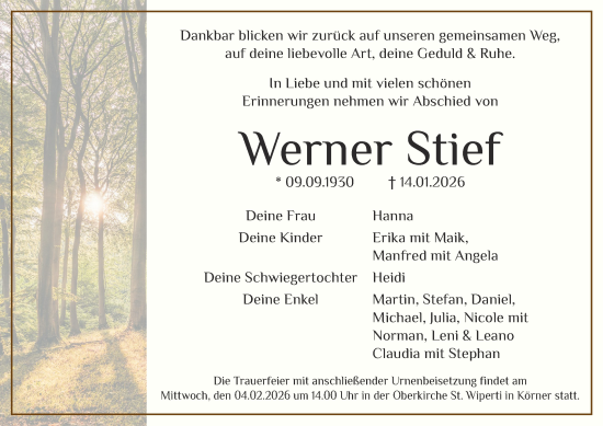 Traueranzeige von Werner Stief von Thüringer Allgemeine, Thüringische Landeszeitung