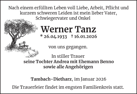 Traueranzeige von Werner Tanz von Thüringer Allgemeine, Thüringische Landeszeitung