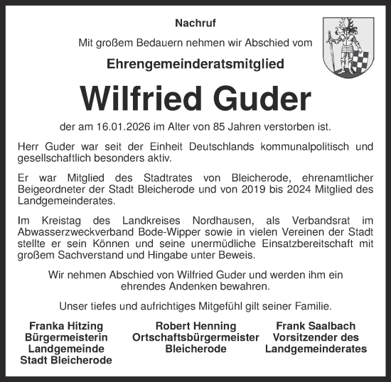 Traueranzeige von Wilfried Guder von Thüringer Allgemeine