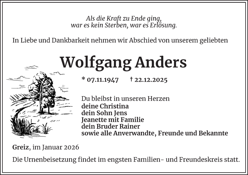  Traueranzeige für Wolfgang Anders vom 02.01.2026 aus Ostthüringer Zeitung