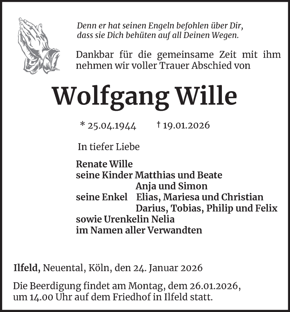  Traueranzeige für Wolfgang Wille vom 24.01.2026 aus Thüringer Allgemeine