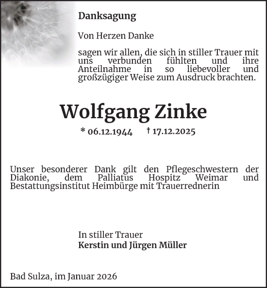 Traueranzeige von Wolfgang Zinke von Thüringer Allgemeine, Thüringische Landeszeitung