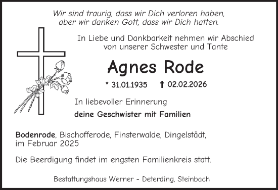 Traueranzeige von Agnes Rode von Thüringer Allgemeine