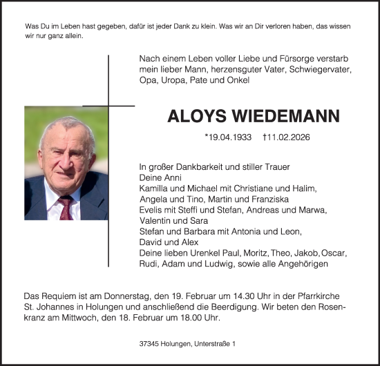Traueranzeige von Aloys Wiedemann von Thüringer Allgemeine