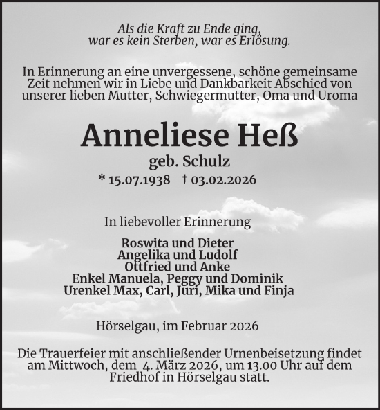 Traueranzeige von Anneliese Heß von Thüringer Allgemeine, Thüringische Landeszeitung