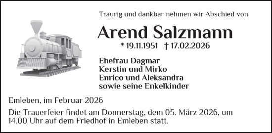 Traueranzeige von Arend Salzmann von Thüringer Allgemeine, Thüringische Landeszeitung