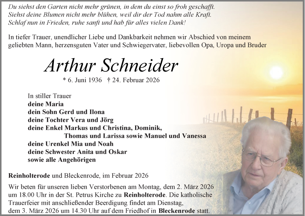  Traueranzeige für Arthur Schneider vom 28.02.2026 aus Thüringer Allgemeine