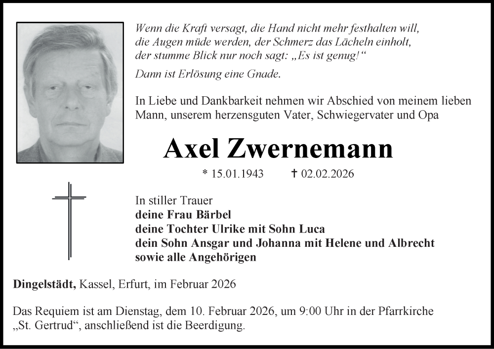  Traueranzeige für Axel Zwernemann vom 07.02.2026 aus Thüringer Allgemeine