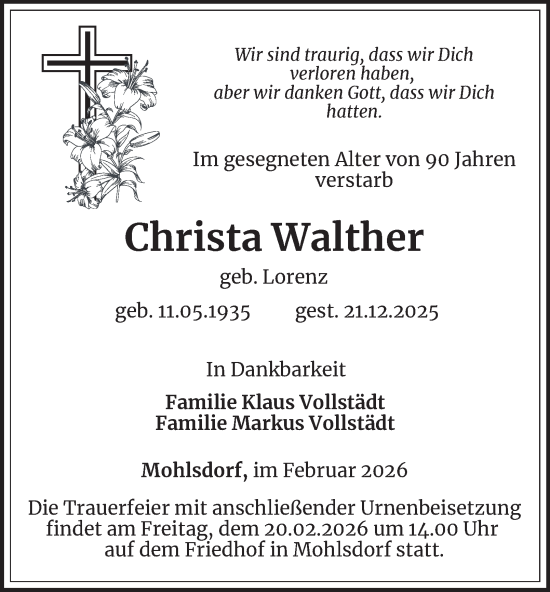 Traueranzeige von Christa Walther von Ostthüringer Zeitung