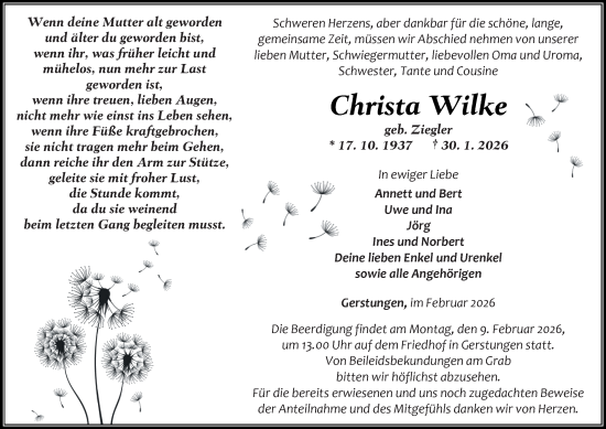 Traueranzeige von Christa Wilke von Thüringer Allgemeine, Thüringische Landeszeitung