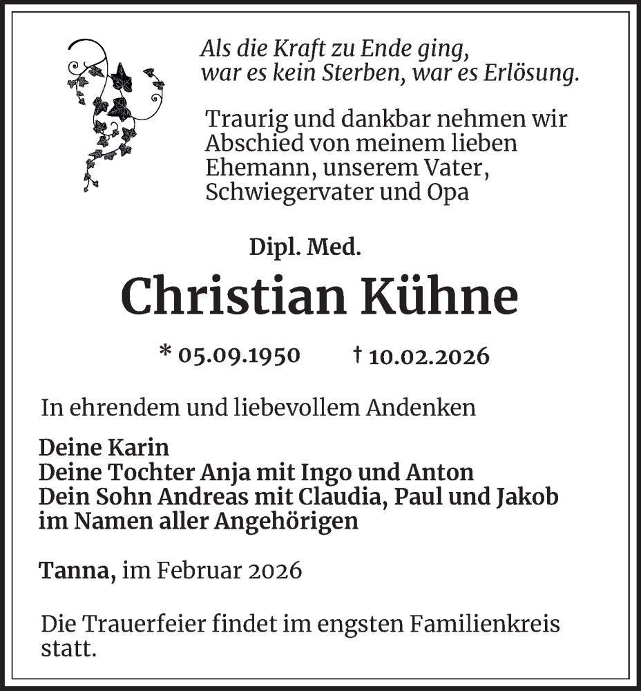  Traueranzeige für Christian Kühne vom 14.02.2026 aus Ostthüringer Zeitung