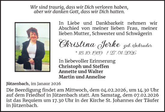 Traueranzeige von Christina Jerke von Thüringer Allgemeine