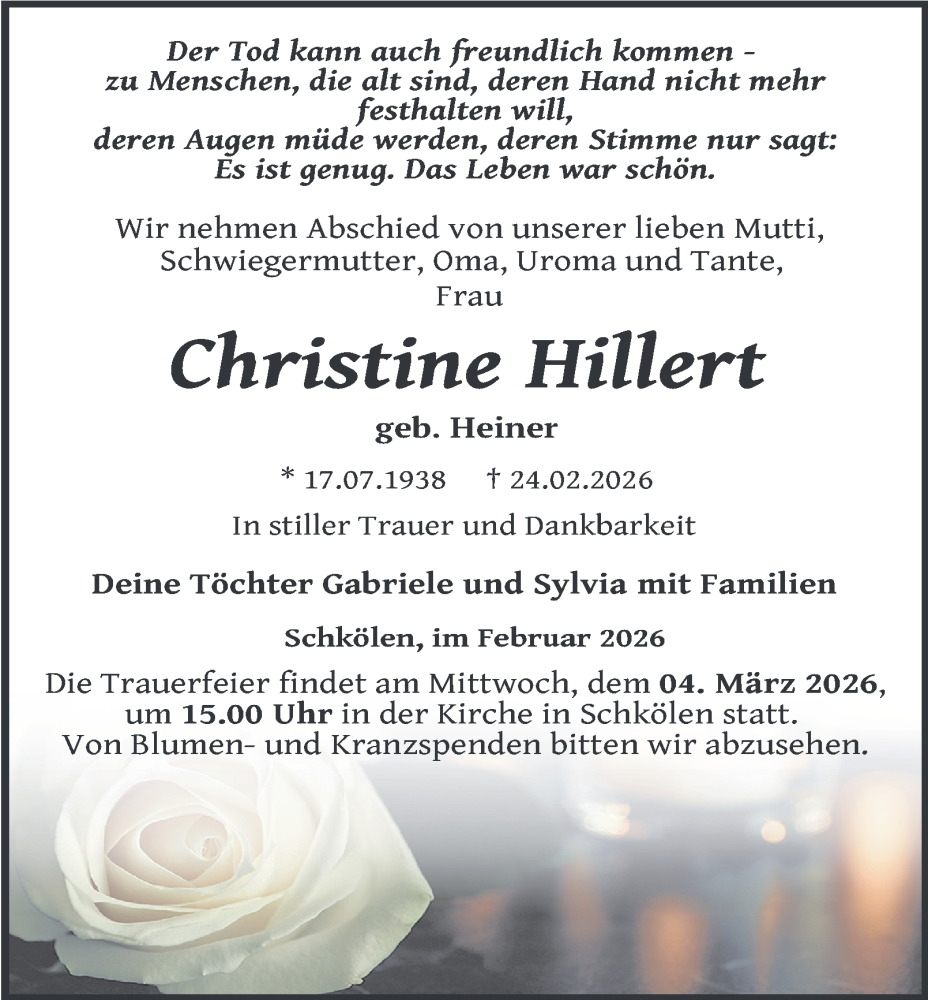  Traueranzeige für Christine Hillert vom 28.02.2026 aus Ostthüringer Zeitung