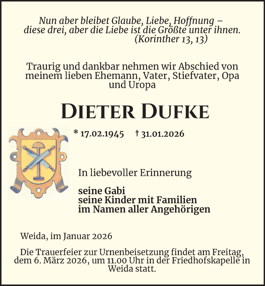  Traueranzeige für Dieter Dufke vom 21.02.2026 aus Ostthüringer Zeitung